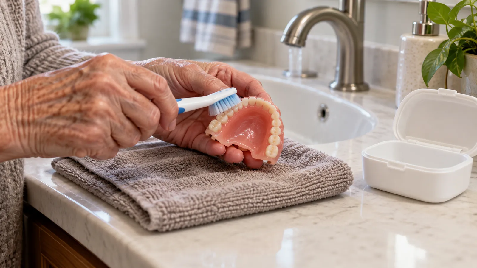 Dentures being cleaned as part of a daily care routine to help maintain comfort and fit.