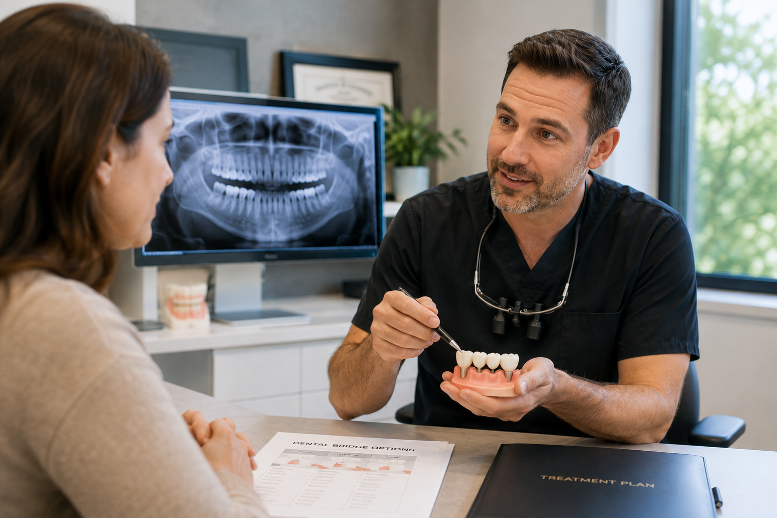 Patient discussing dental bridge treatment options and costs with a dentist.