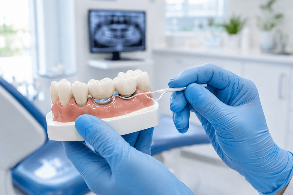 Patient learning how to clean and care for a dental bridge with guidance from a dental professional.