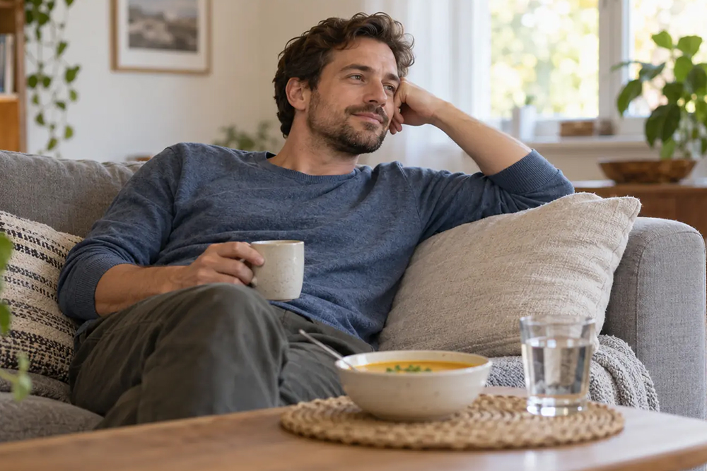 Man relaxes on a sofa holding a mug, with a bowl of soup and glass of water on the table.
